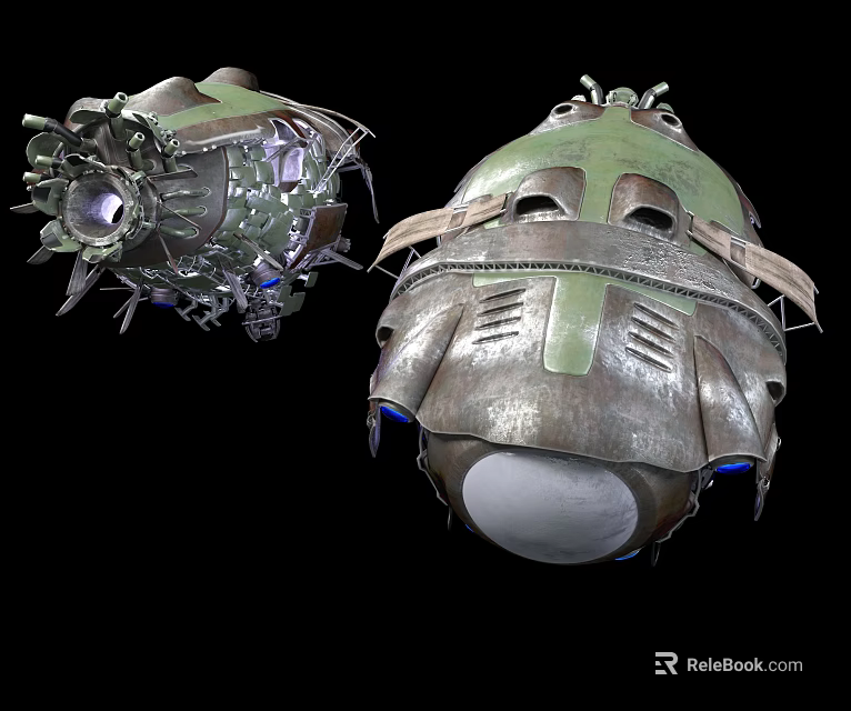 Retro Sci Fi Mechanical Structures With Green Metallic Bodies And Exposed Components 3d model