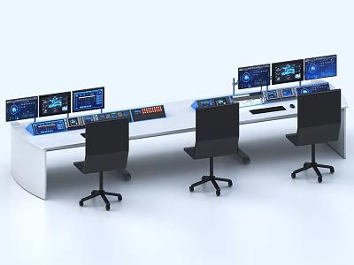 Professional Control Room Setup With Console And Multiple Monitoring Screens 3d model