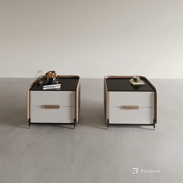 Modern Two Bedside Tables With Drawers And Decorative Items On Top Surface 3d model
