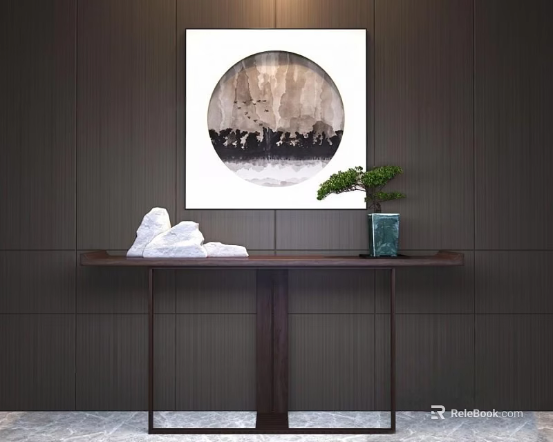 Modern Console Table With Circular Decorative Painting Green Vase And White Cloth 3d model 