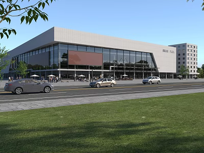 Modern Commercial Street With Glass Facade Buildings Parked Cars And Green Lawns 3d model