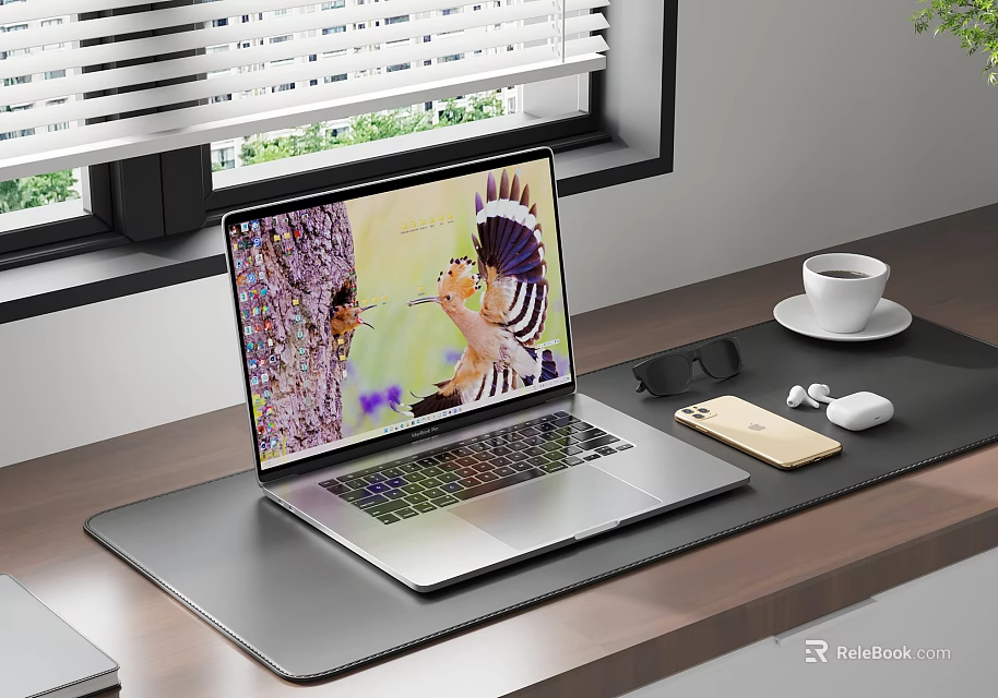 Laptop With Colorful Screen Display On Wooden Desk With Coffee Cup Mouse And Phone 3d model 