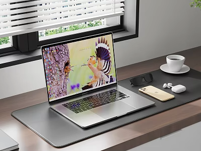 Laptop With Colorful Screen Display On Wooden Desk With Coffee Cup Mouse And Phone 3d model