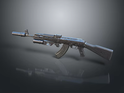 3D Rendered Metallic Assault Rifle With Wooden Stock And Muzzle Device 3d model