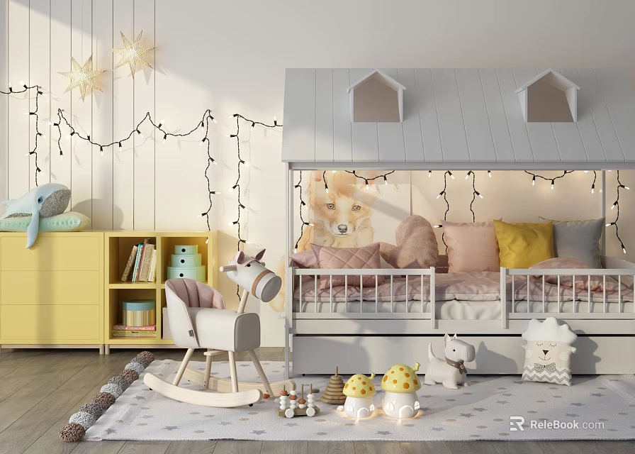 House Shaped Kids Bed with Roof Star Decorations String Lights and Toys 3d model 