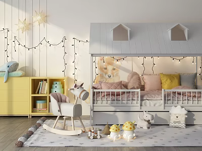 House Shaped Kids Bed with Roof Star Decorations String Lights and Toys 3d model