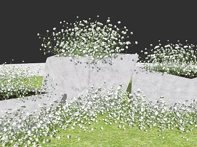 Lush Bonsai Plants With White Flowers On Stone Structures And Green Lawn 3d model