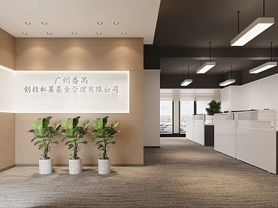 Modern Office Interior With Company Logo Green Plants Open Layout And White Desks 3d model