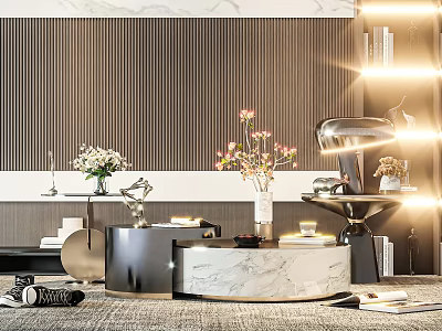 Elegant Modern Coffee Table with Round Marble Top Vases Flowers and Lamps by Wall Panels 3d model