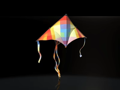 Colorful Doll Shaped Kite With Vibrant Patterns And Flowing Tails 3d model
