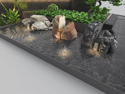 Stylish Garden Ornament With Flowing Water Stones Green Plants And Soft Lighting 3d model