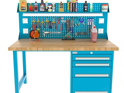 Practical Blue Workbench With Wooden Top Tool Pegboard And Hanging Tools And Storage Drawers 3d model