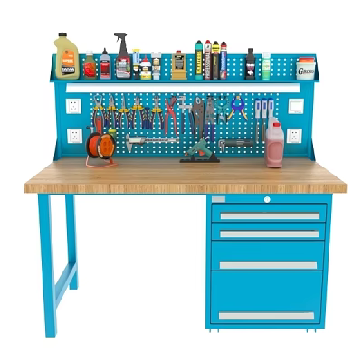 Practical Blue Workbench With Wooden Top Tool Pegboard And Hanging Tools And Storage Drawers 3d model