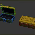 Worn Yellow And Green Storage Cases With Open And Closed Textured Designs