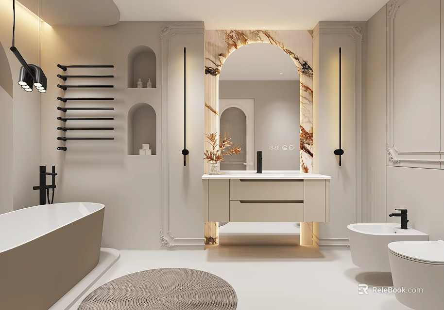 Modern Luxury Bathroom With Bathtub Vanity And Arched Marble Mirror 3d model 