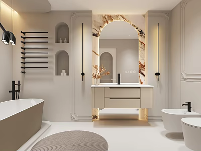 Modern Luxury Bathroom With Bathtub Vanity And Arched Marble Mirror 3d model