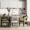 Modern Open Concept Kitchen Interior With Wooden White Cabinets Marble Countertop And Chairs