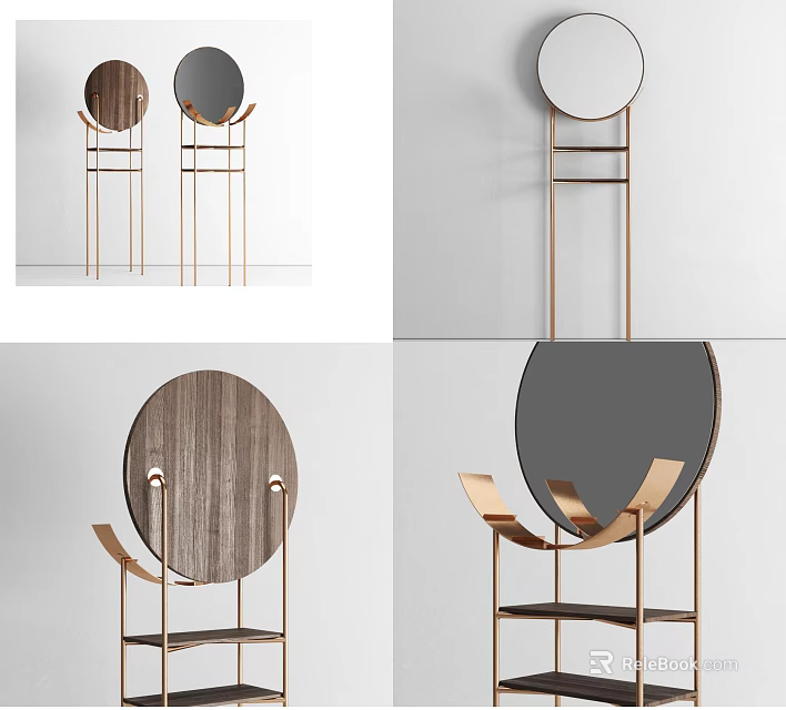Modern Dressing Table With Round Wooden Top And Gold Metal Frame Featuring Circular Mirror For Bedroom Interior 3d model 