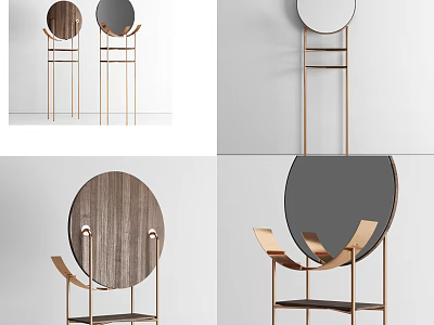 Modern Dressing Table With Round Wooden Top And Gold Metal Frame Featuring Circular Mirror For Bedroom Interior 3d model