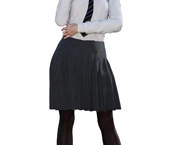Young Woman Wearing White Shirt With Striped Tie And Gray Pleated Skirt 3d model