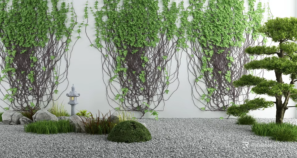 Serene Garden Decor Featuring Green Vines Covered Wall Stone Lantern Small Shrubs And Pebble Ground 3d model 