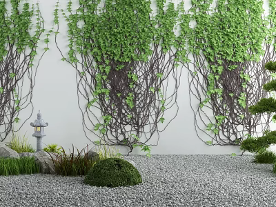Serene Garden Decor Featuring Green Vines Covered Wall Stone Lantern Small Shrubs And Pebble Ground 3d model