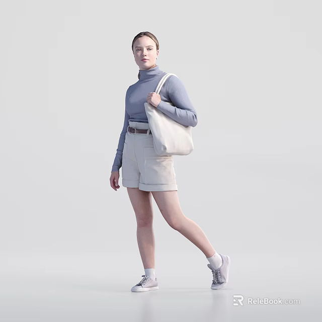 Woman Wearing Turtleneck Sweater Light Gray Shorts And Beige Canvas Bag 3d model 