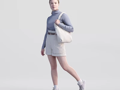 Woman Wearing Turtleneck Sweater Light Gray Shorts And Beige Canvas Bag 3d model