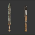 Ancient Weapon Featuring Rusty Sword And Wooden Handle Axe Design 3d model