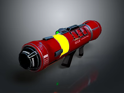 Red Rocket Propulsion Unit With Yellow Stripe On Black Support Stand For Space Missions 3d model