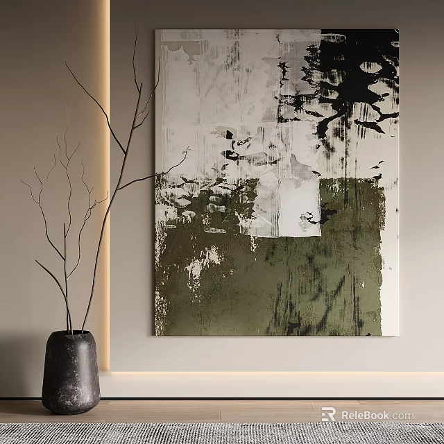 Abstract Painting With Green White Black Tones And Vase With Branches On Light Colored Wall 3d model 