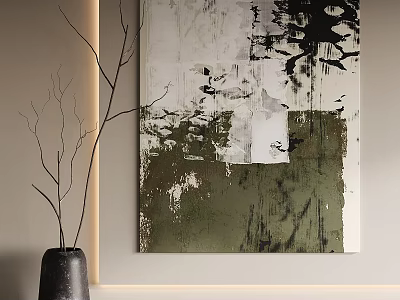 Abstract Painting With Green White Black Tones And Vase With Branches On Light Colored Wall 3d model