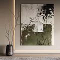 Abstract Painting With Green White Black Tones And Vase With Branches On Light Colored Wall