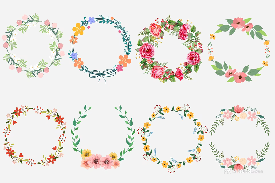 Colorful Floral Wall Decorations With Various Flower Wreaths Leaves and Blooms 3d model 
