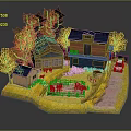 Cartoon Countryside Scene With Wooden Houses Yellow Trees Animal Pen White Car And Green Grass