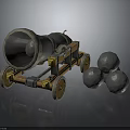 Vintage Old Style Cannon With Wooden Wheels And Three Cannonballs