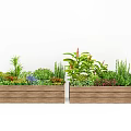 Two Wooden Planter Boxes With Various Green Herbs And Colorful Flowers