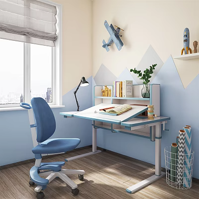 Kids Study Desk With Blue Chair Desk Lamp Books Green Plant And Airplane Rocket Models 3d model