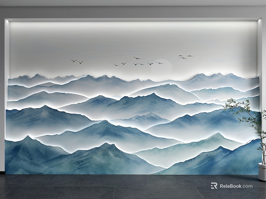 Sofa Background Wall With Chinese Ink Style Mountains And Birds 3d model 