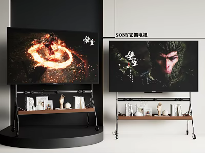 Sony TV Displays Animated Monkey And Fire Scenes On Stand With Books Decor 3d model