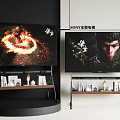 Sony TV Displays Animated Monkey And Fire Scenes On Stand With Books Decor