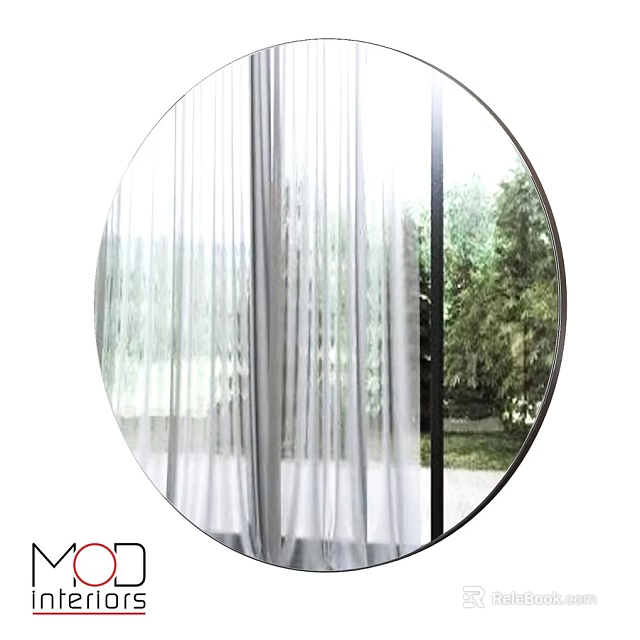 Round Mirror Reflecting Sheer Curtain And Green Trees Outside Window in Modern Interior 3d model 