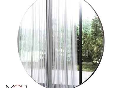 Round Mirror Reflecting Sheer Curtain And Green Trees Outside Window in Modern Interior 3d model