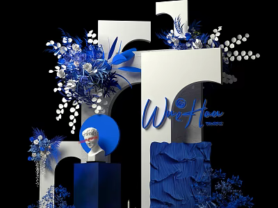 Blue And White Event Decorations With Letter W We Have Text Floral Arrangements And Statue 3d model