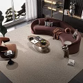 Modern Pink Curved Sofa and Coffee Table Set With Brown Armchair and Marble Top