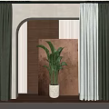 Modern Green and White Curtains in Interior with Arched Doorway and Potted Plant