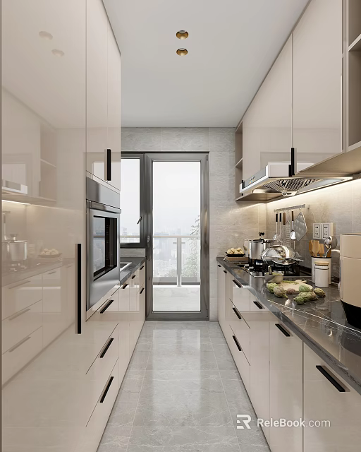 Modern Kitchen Interior Design With White Cabinets Countertop Appliances And Scenic View 3d model 