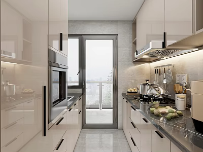 Modern Kitchen Interior Design With White Cabinets Countertop Appliances And Scenic View 3d model