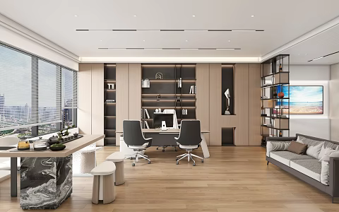 Office Tea Table Training Area Sofa Wooden Floor Display Cabinet No Main Lamp Ceiling Office Desk Duobaoge Partition Cabinet Venetian Blinds 3d model