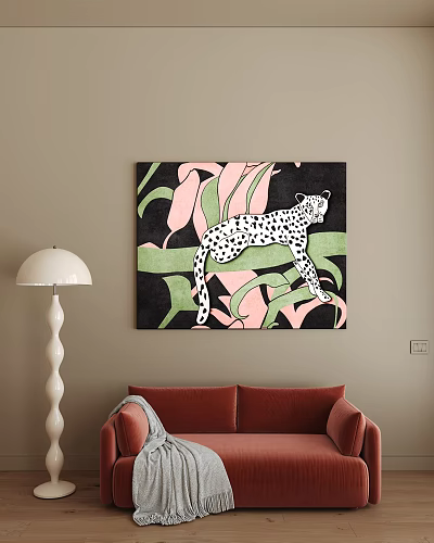 Modern Animal Painting Featuring Leopard With Pink Green Leaves On Black Background 3d model